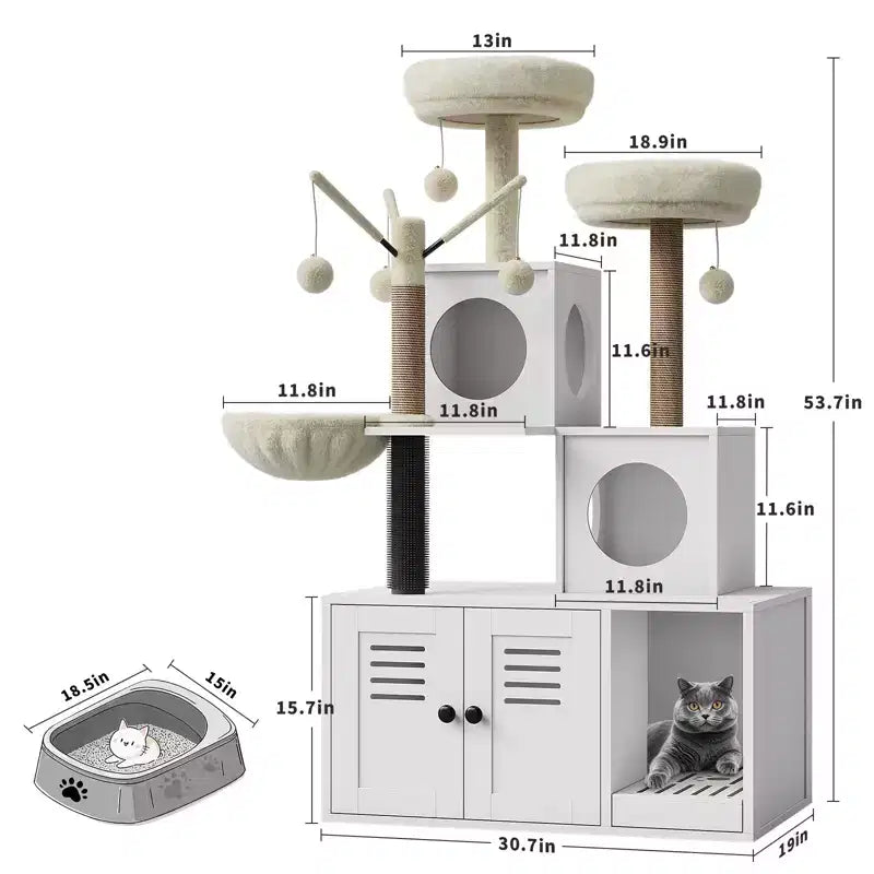 Meuble bac à litière en bois multi-niveaux avec poteau à griffer et grotte pour chat, Meuble litière pour chat caché avec poteau à griffer en sisal, Niche douillette