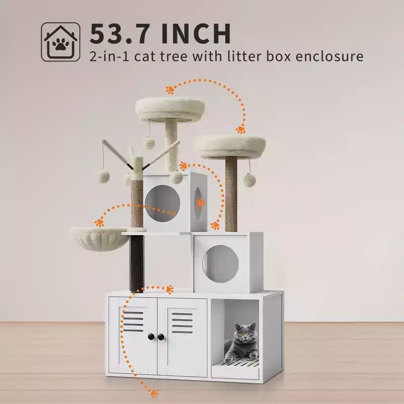 Meuble bac à litière en bois multi-niveaux avec poteau à griffer et grotte pour chat, Meuble litière pour chat caché avec poteau à griffer en sisal, Niche douillette