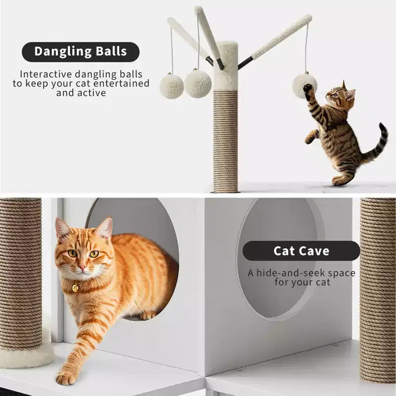 Meuble bac à litière en bois multi-niveaux avec poteau à griffer et grotte pour chat, Meuble litière pour chat caché avec poteau à griffer en sisal, Niche douillette