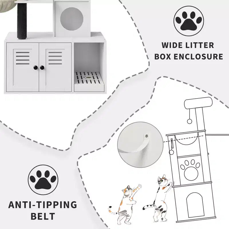 Meuble bac à litière en bois multi-niveaux avec poteau à griffer et grotte pour chat, Meuble litière pour chat caché avec poteau à griffer en sisal, Niche douillette