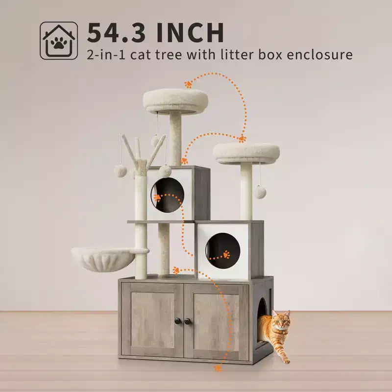 Meuble bac à litière en bois multi-niveaux avec poteau à griffer et grotte pour chat, Meuble litière pour chat caché avec poteau à griffer en sisal, Niche douillette