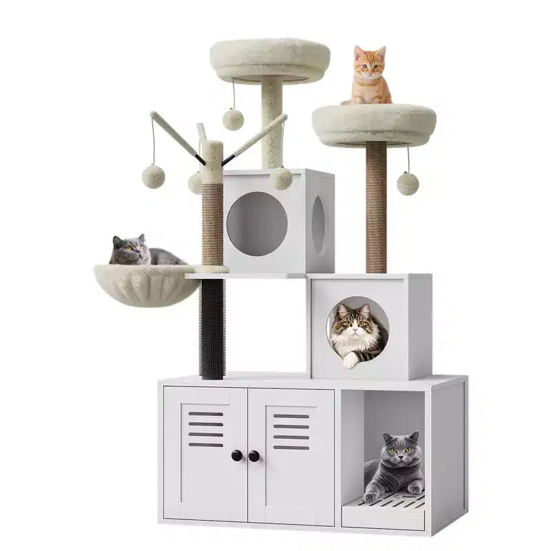 Multi-Level Wooden Cat Litter Tray Cabinet with Scratching Post &amp; Cat Cave, Hidden Cat Litter Furniture with Sisal Scratching Post, Cuddling Place