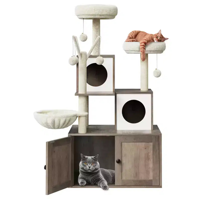 Meuble bac à litière en bois multi-niveaux avec poteau à griffer et grotte pour chat, Meuble litière pour chat caché avec poteau à griffer en sisal, Niche douillette
