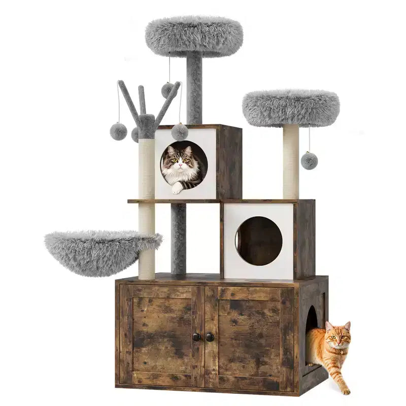 Meuble bac à litière en bois multi-niveaux avec poteau à griffer et grotte pour chat, Meuble litière pour chat caché avec poteau à griffer en sisal, Niche douillette