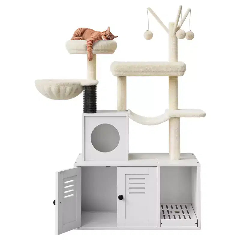 Meuble bac à litière en bois multi-niveaux avec poteau à griffer et grotte pour chat, Meuble litière pour chat caché avec poteau à griffer en sisal, Niche douillette