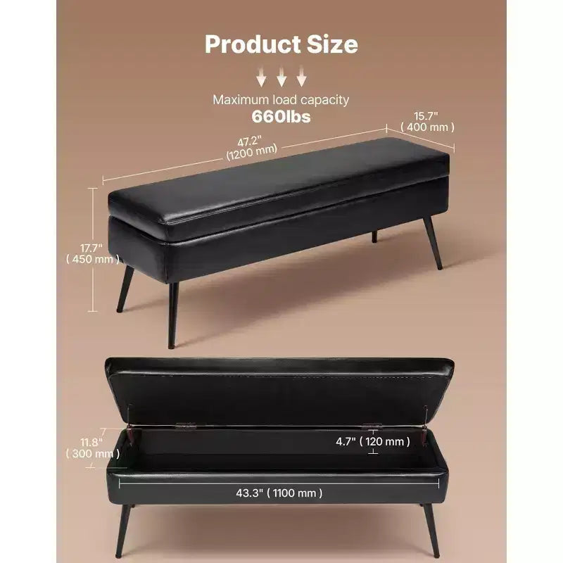 Banc Ottoman de rangement en cuir PU noir de 119 cm, Banc avec pieds métalliques et fermeture amortie de 300 kg pour entrée/chambre/salon