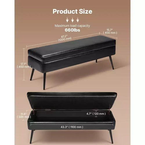 Banc Ottoman de rangement en cuir PU noir de 119 cm, Banc avec pieds métalliques et fermeture amortie de 300 kg pour entrée/chambre/salon