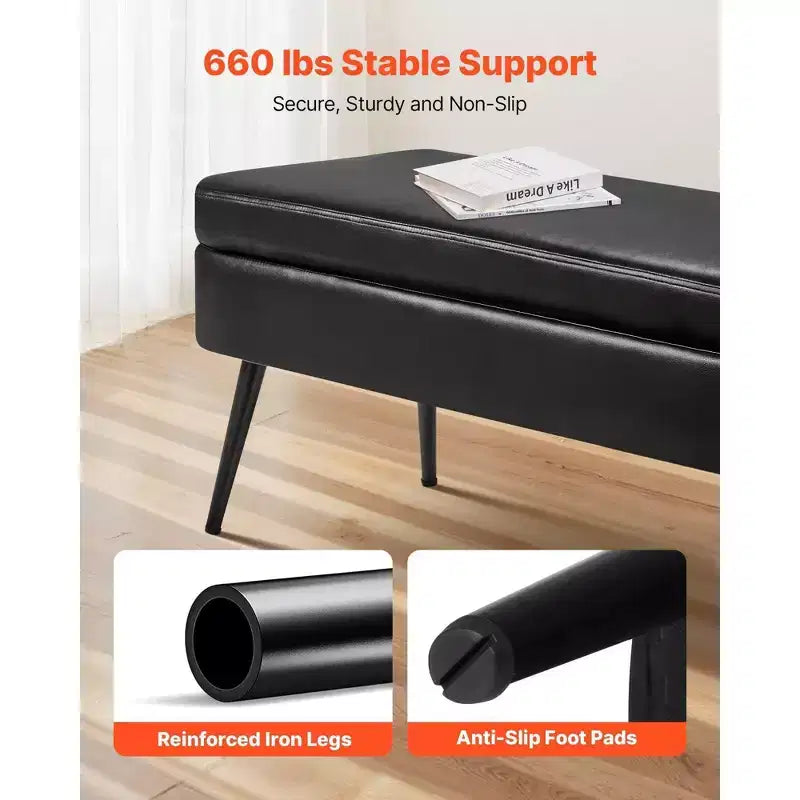 Banc Ottoman de rangement en cuir PU noir de 119 cm, Banc avec pieds métalliques et fermeture amortie de 300 kg pour entrée/chambre/salon
