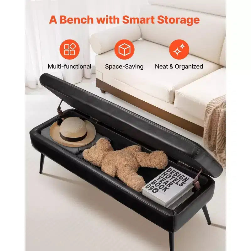 Banc Ottoman de rangement en cuir PU noir de 119 cm, Banc avec pieds métalliques et fermeture amortie de 300 kg pour entrée/chambre/salon