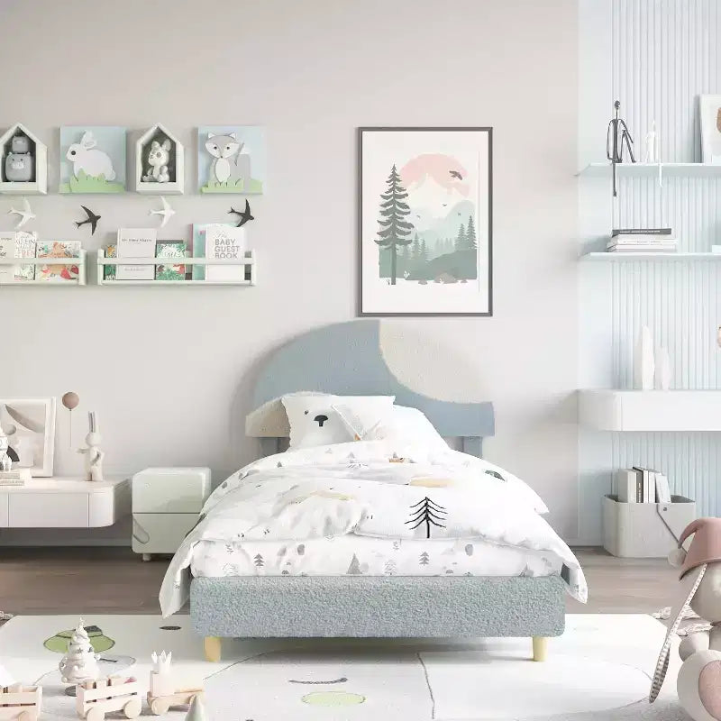 Lit enfant avec tête de lit capitonnée, design en forme d'arche, lit plateforme mignonne de princesse pour filles/garçons, support à lattes en bois