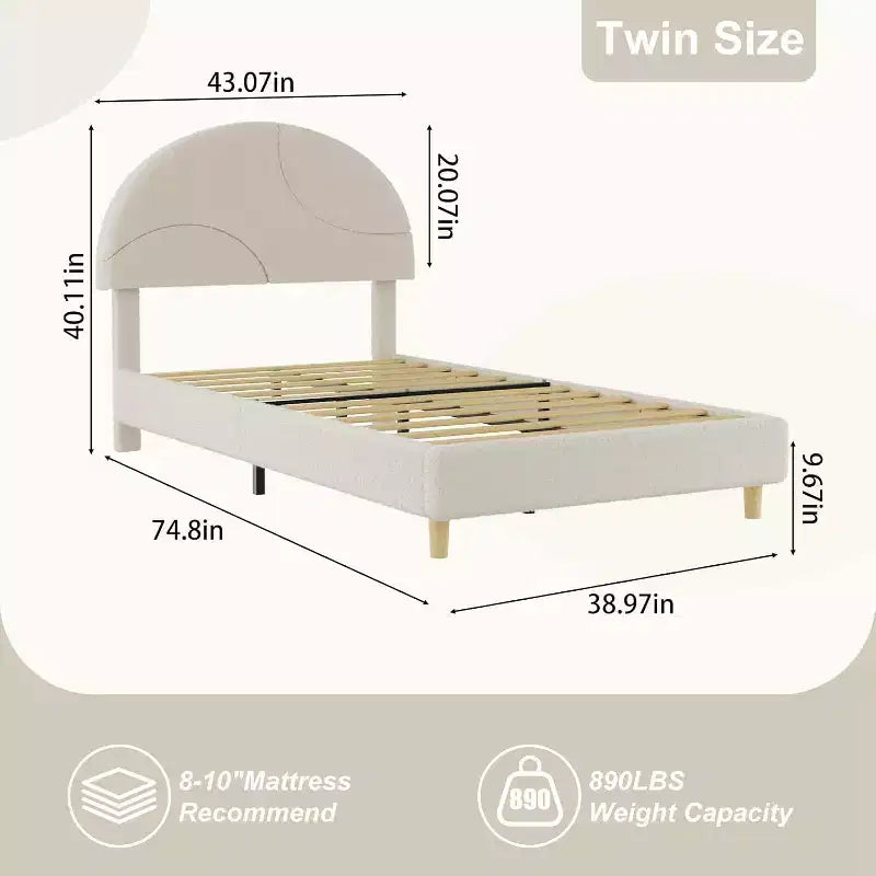 Lit enfant avec tête de lit capitonnée, design en forme d'arche, lit plateforme mignonne de princesse pour filles/garçons, support à lattes en bois