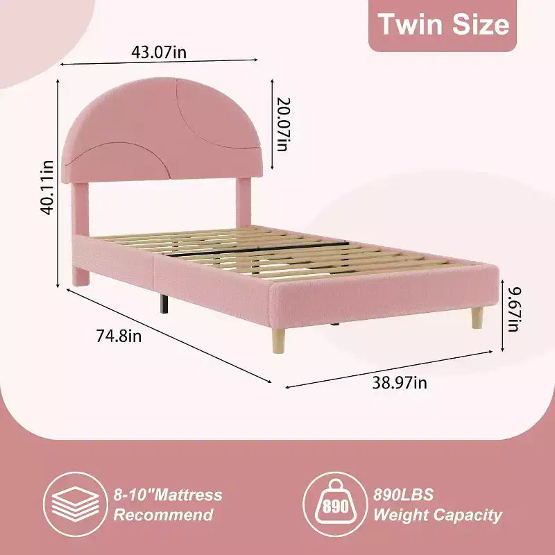 Lit enfant avec tête de lit capitonnée, design en forme d'arche, lit plateforme mignonne de princesse pour filles/garçons, support à lattes en bois