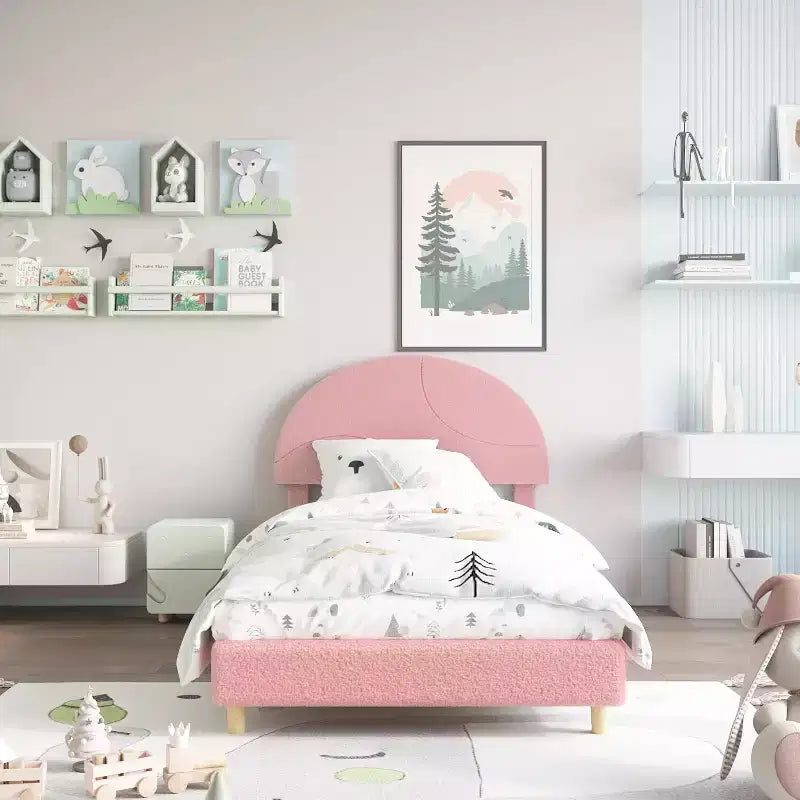 Lit enfant avec tête de lit capitonnée, design en forme d'arche, lit plateforme mignonne de princesse pour filles/garçons, support à lattes en bois
