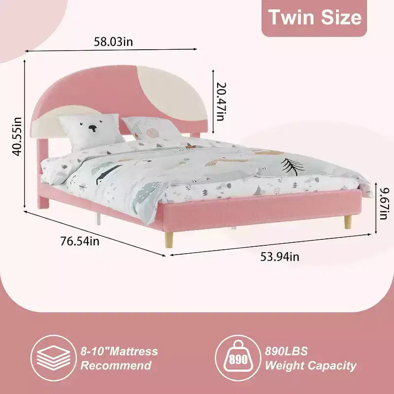 Lit enfant avec tête de lit capitonnée, design en forme d'arche, lit plateforme mignonne de princesse pour filles/garçons, support à lattes en bois