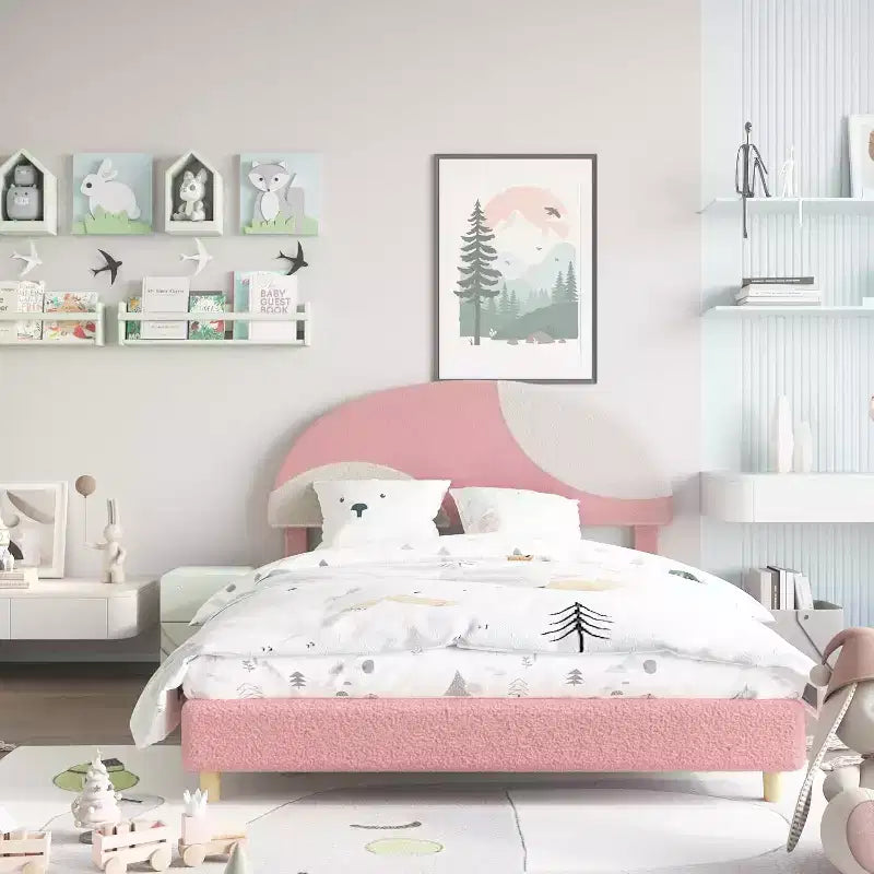 Lit enfant avec tête de lit capitonnée, design en forme d'arche, lit plateforme mignonne de princesse pour filles/garçons, support à lattes en bois