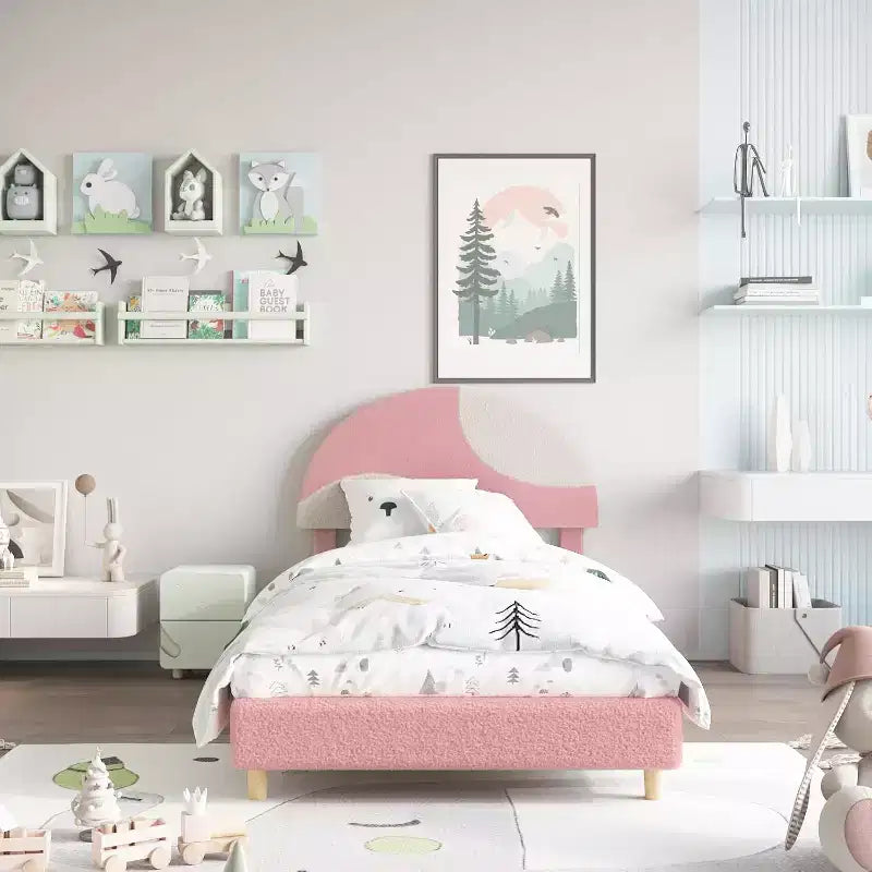 Lit enfant avec tête de lit capitonnée, design en forme d'arche, lit plateforme mignonne de princesse pour filles/garçons, support à lattes en bois