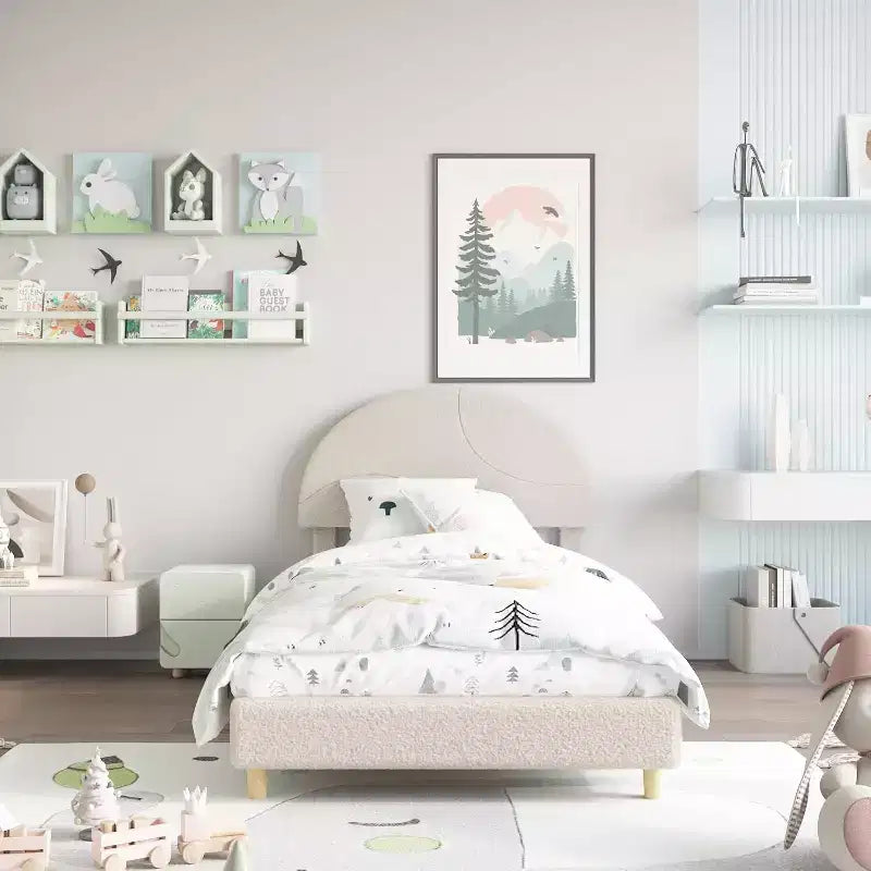 Lit enfant avec tête de lit capitonnée, design en forme d'arche, lit plateforme mignonne de princesse pour filles/garçons, support à lattes en bois
