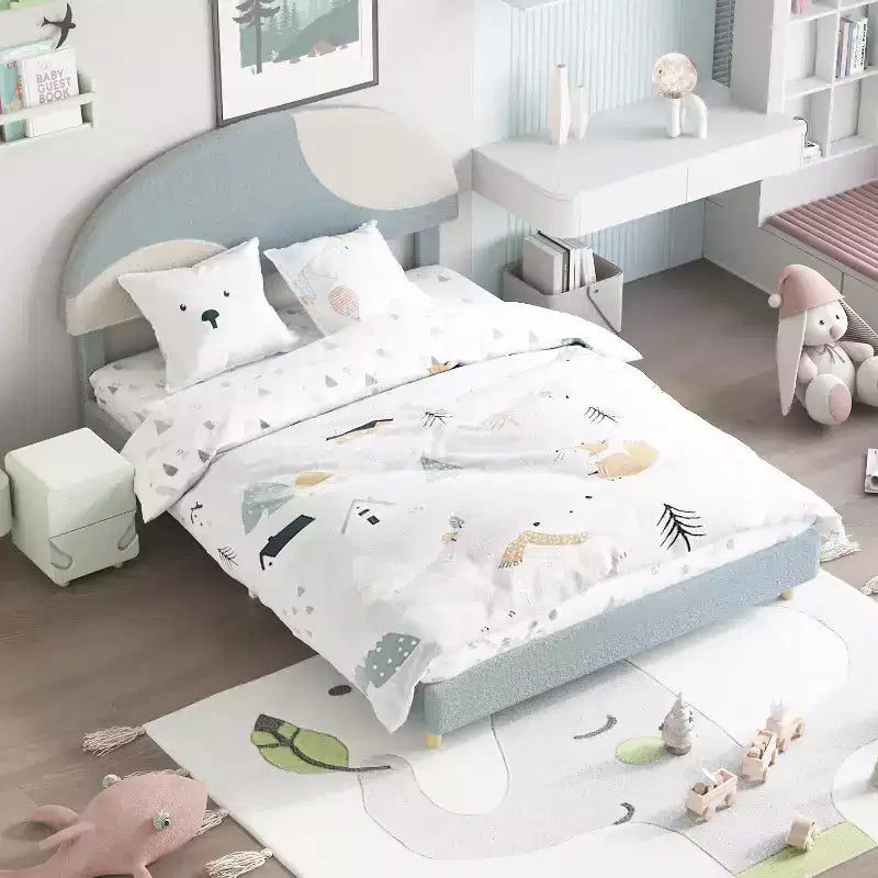 Lit enfant avec tête de lit capitonnée, design en forme d'arche, lit plateforme mignonne de princesse pour filles/garçons, support à lattes en bois