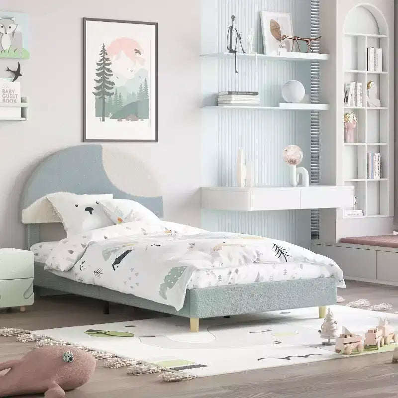 Lit enfant avec tête de lit capitonnée, design en forme d'arche, lit plateforme mignonne de princesse pour filles/garçons, support à lattes en bois