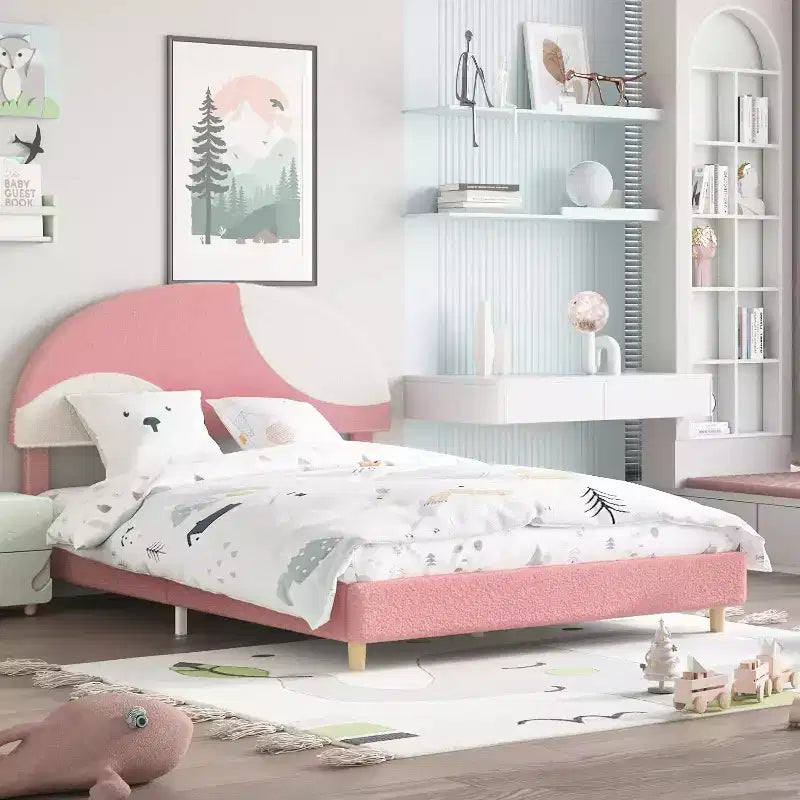 Kids Bed Frame with Upholstered Headboard,Arch-Shaped Design,Cute Princess Platform Bed for Girls/Boys, Wood Slats Support