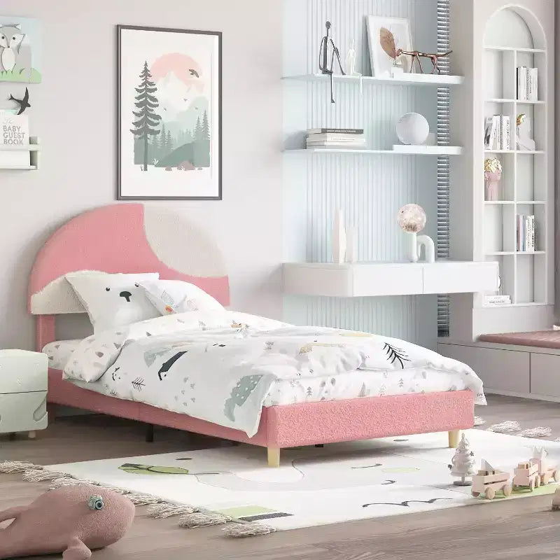 Lit enfant avec tête de lit capitonnée, design en forme d'arche, lit plateforme mignonne de princesse pour filles/garçons, support à lattes en bois