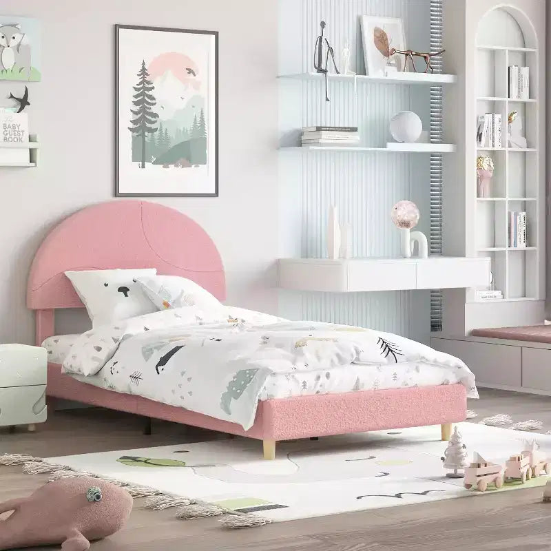 Lit enfant avec tête de lit capitonnée, design en forme d'arche, lit plateforme mignonne de princesse pour filles/garçons, support à lattes en bois